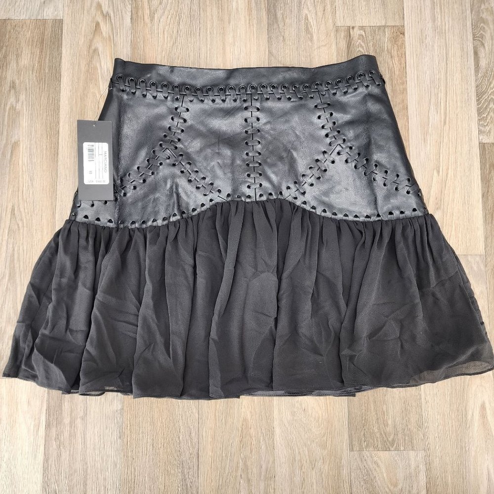 Marciano Women's Size 10 Black Leather Chiffon Mini Skirt Stitching Ruffle